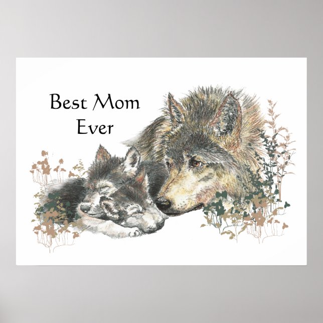 Watercolor Wolf & Cub Beste Mama je Poster (Vorne)