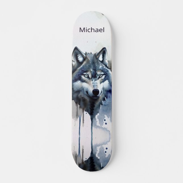 Watercolor Wolf Head Dusty Blue Skateboard (Vorne)