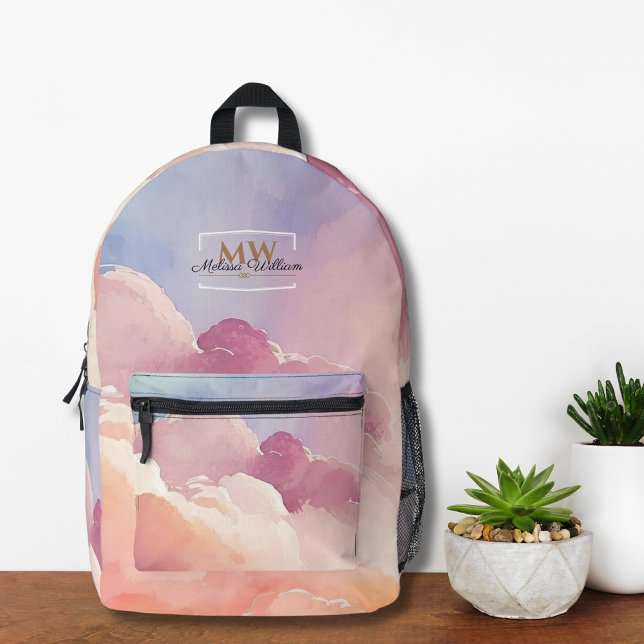 Watercolor Wolken Black Gold Monogram Name Script Bedruckter Rucksack (Von Creator hochgeladen)
