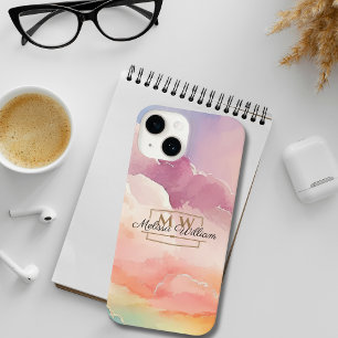 Watercolor Wolken Black Gold Monogram Name Script iPhone 14 Hülle