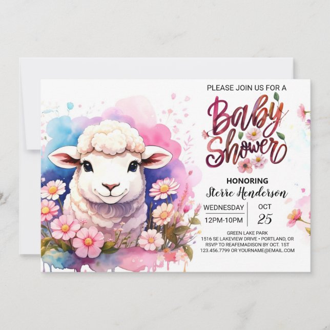 Watercolor Wonderland Sheep Girl Babydusche Einladung (Vorderseite)