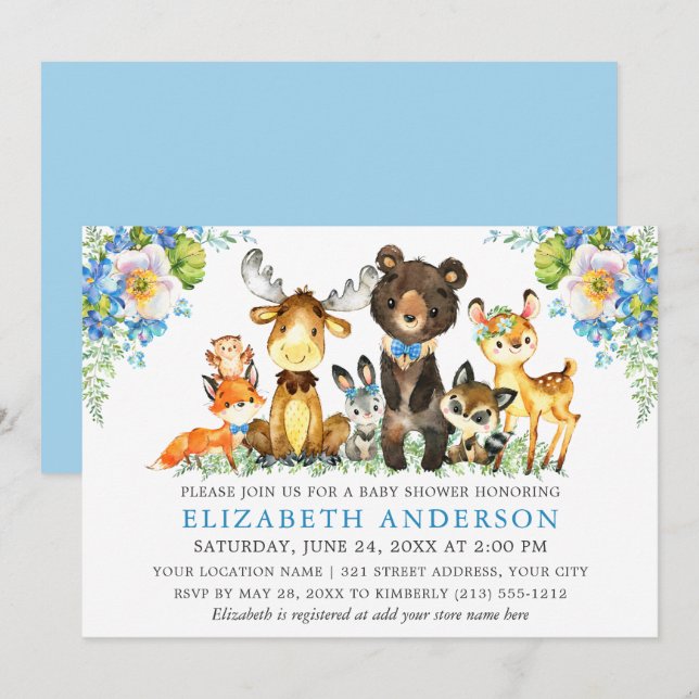 Watercolor Woodland Animals Blue Floral Einladung (Vorne/Hinten)