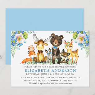 Watercolor Woodland Animals Blue Floral Einladung