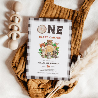 Watercolor Woodland Animals Happy Camper Geburtsta Einladung