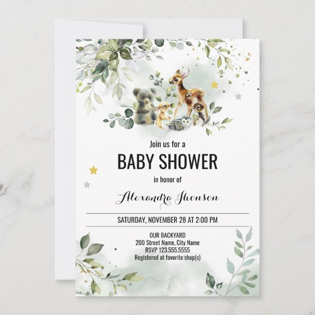 Watercolor Woodland Babydusche Einladung (Vorderseite)