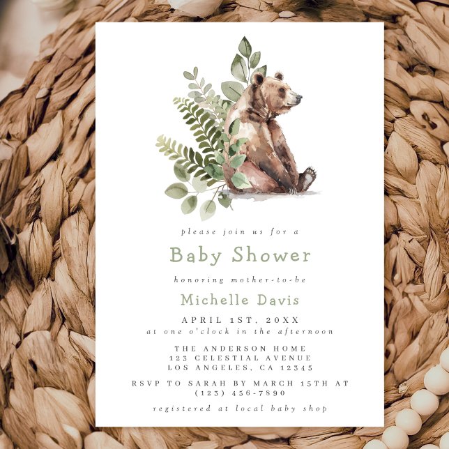 Watercolor Woodland Bear Baby Dusche Einladung (Von Creator hochgeladen)