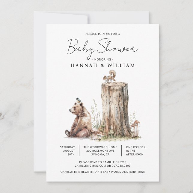 Watercolor Woodland Bear Baby Dusche Einladung (Vorderseite)