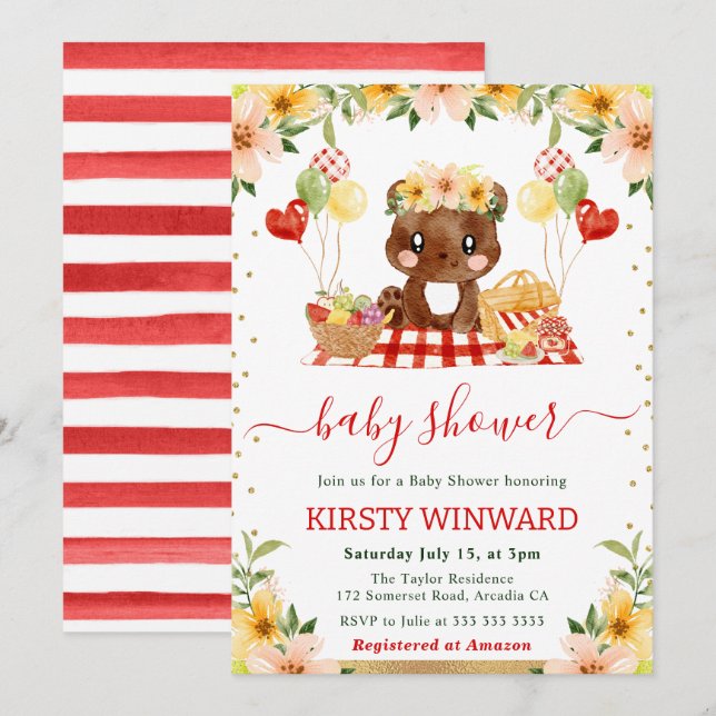 Watercolor Woodland Bear Picnic Baby Dusche Einladung (Vorne/Hinten)