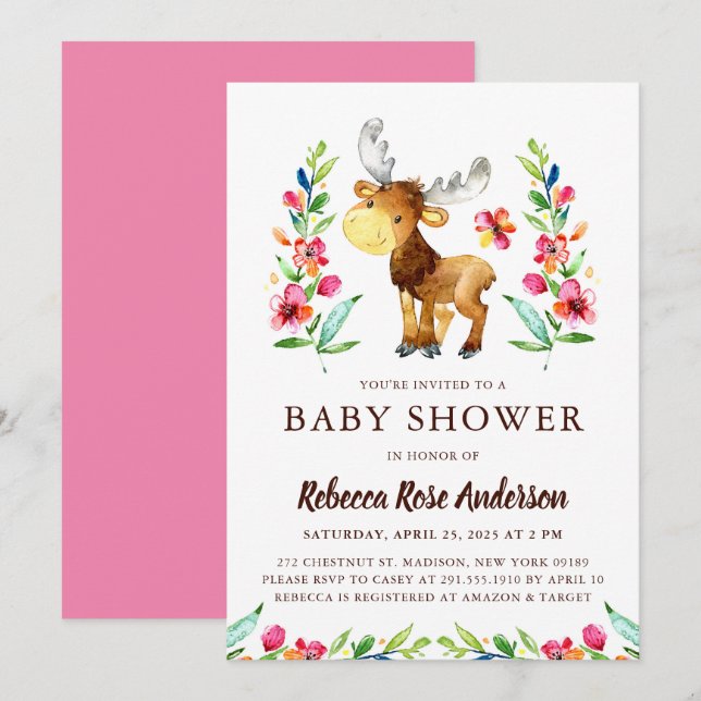 Watercolor Woodland Elche Babydusche Einladung (Vorne/Hinten)