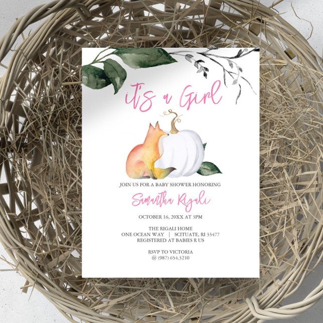 Watercolor Woodland Fall Themed Baby Dusche Einladung (Autumn-themed baby shower invites woodland fox and white pumpkin girl Design by Victoria Grigaliunas)