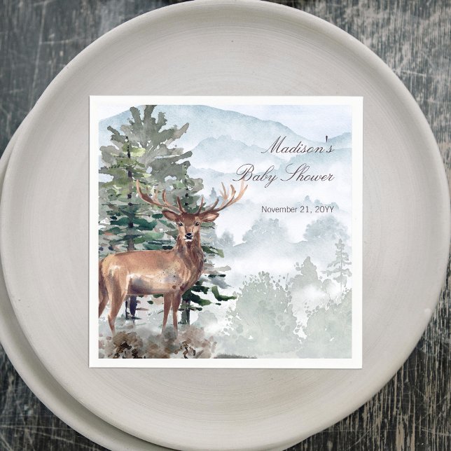 Watercolor Woodland Forest Stag Kinderdusche Serviette (Watercolor Woodland Forest Stag Baby Shower Napkins)
