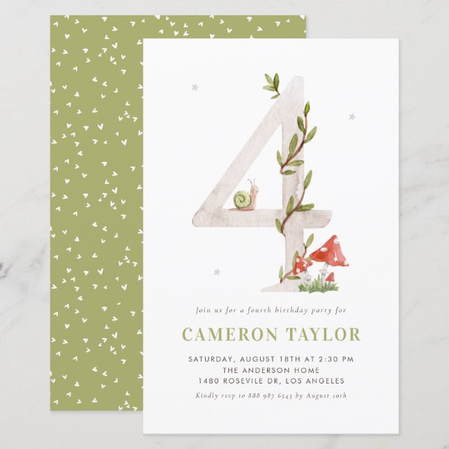 Watercolor Woodland Fourth Birthday Invitation (Vorne/Hinten)