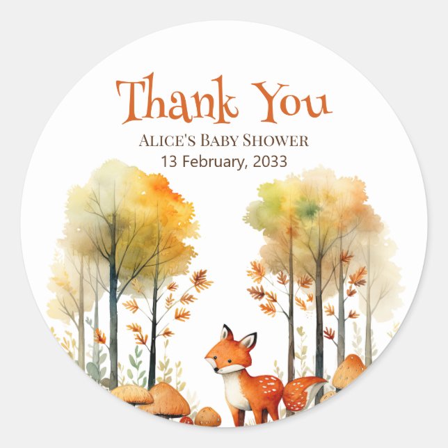 Watercolor Woodland Fox Babydusche Runder Aufkleber (Vorderseite)