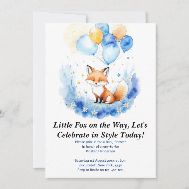 Watercolor Woodland Fox Kinderdusche Einladung (Vorderseite)