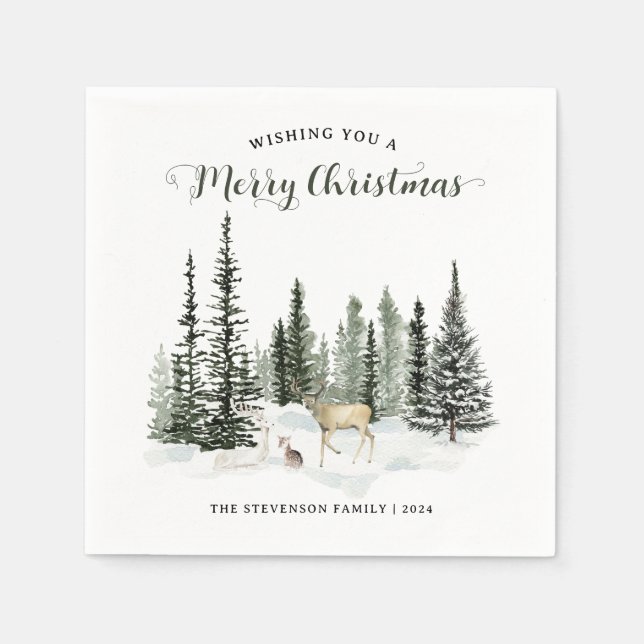 Watercolor Woodland Frohe Weihnachten Serviette (Vorderseite)