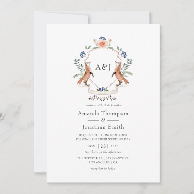 Watercolor Woodland Laurel Wappen Monogram Wedding Einladung (Vorderseite)