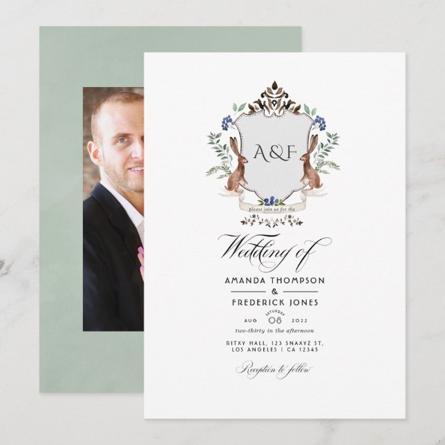 Watercolor Woodland Laurel Wappen Monogram Wedding Einladung (Vorne/Hinten)