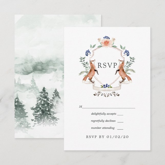 Watercolor Woodland Laurel Wappen Wedding RSVP Car (Vorne/Hinten)