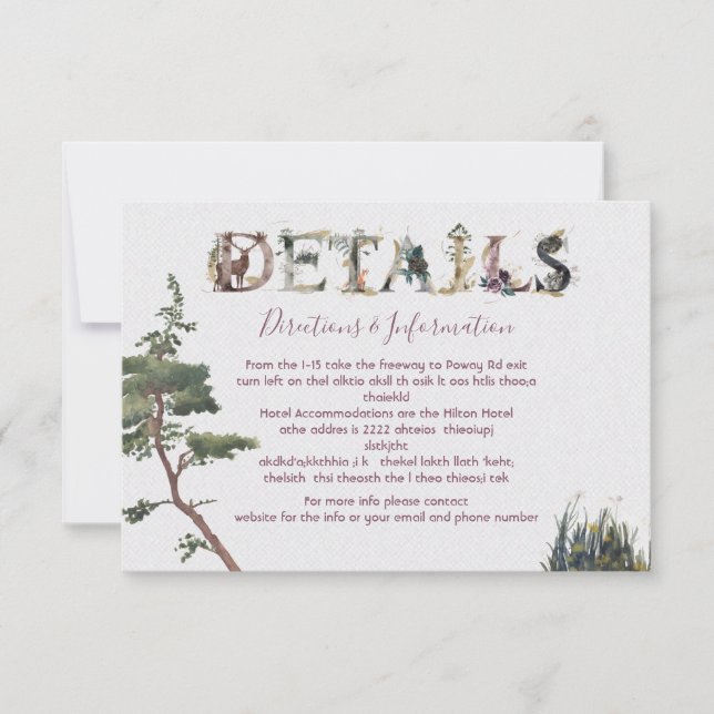 Watercolor Woodland Mariage Détails et carte d'inf (Devant)