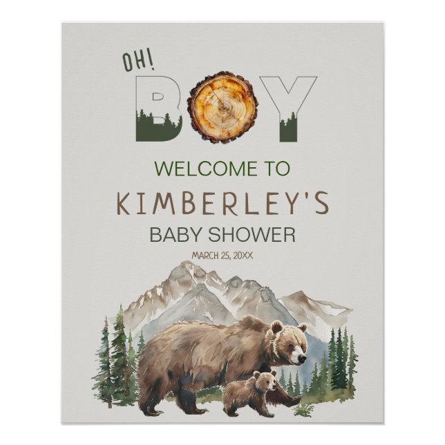 Watercolor Woodland Oh Boy Bear Baby Dusche Poster (Vorderseite)