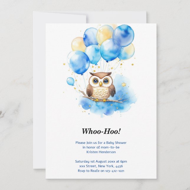 Watercolor Woodland Owl Babydusche Einladung (Vorderseite)