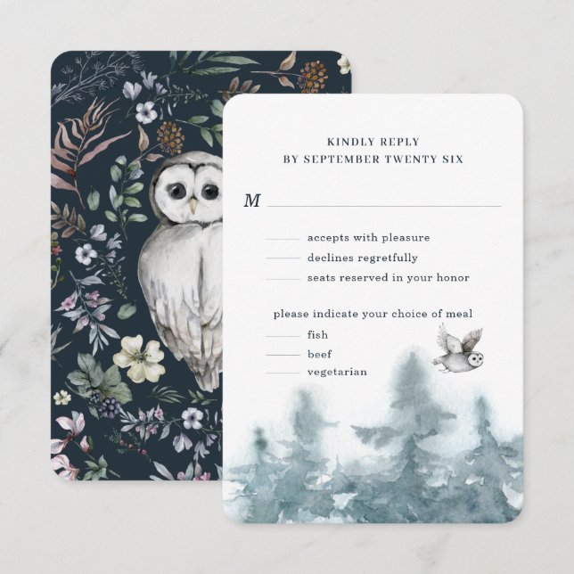 Watercolor Woodland Owl Botanical w Meetings RSVP Karte (Vorne/Hinten)