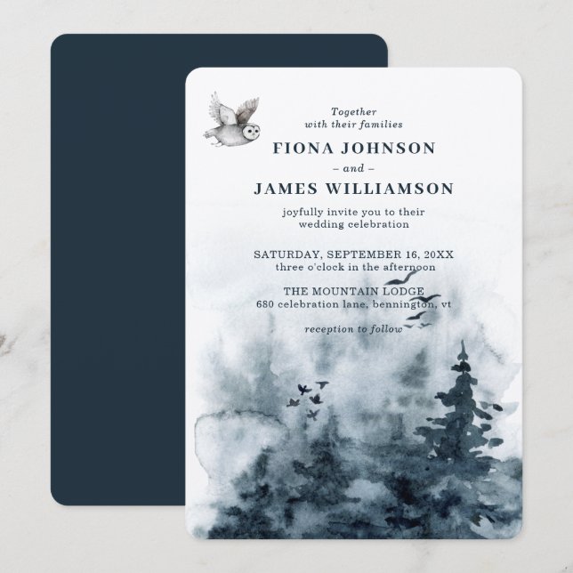 Watercolor Woodland Owl Trees Wedding Einladung (Vorne/Hinten)