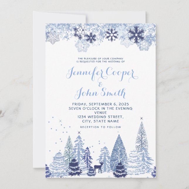 Watercolor Woodland Snowflakes Winter Wedding Inv Einladung (Vorderseite)