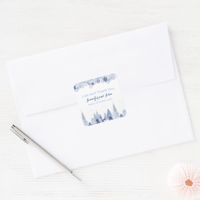 Watercolor Woodland Snowflakes Winterhochzeit Quadratischer Aufkleber (Umschlag)