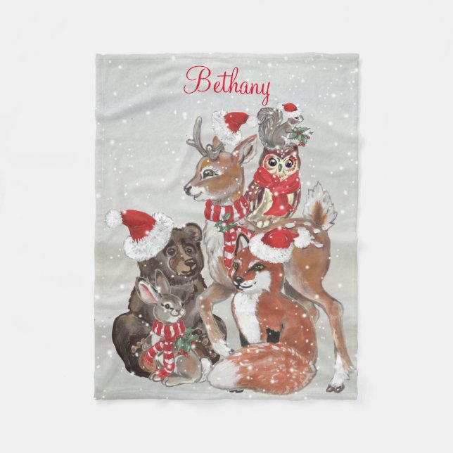 Watercolor Woodland Tierweihnachtsschnee Custom Fleecedecke (Vorderseite)