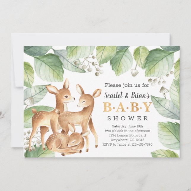 Watercolor Woodland Wild Deer Baby Shower Einladung (Vorderseite)