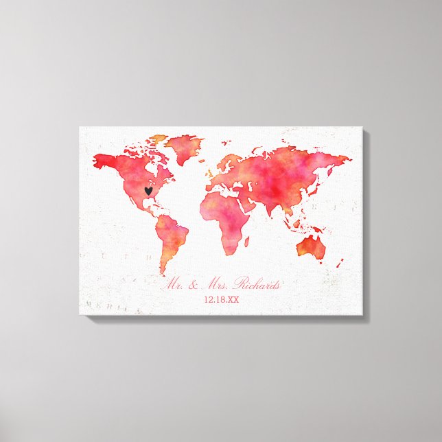 Watercolor World Map Wedding Alternative Guestbook Leinwanddruck (Vorderseite)
