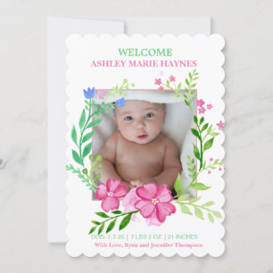 Watercolor Wreath Girls Photo Baby Faire-part