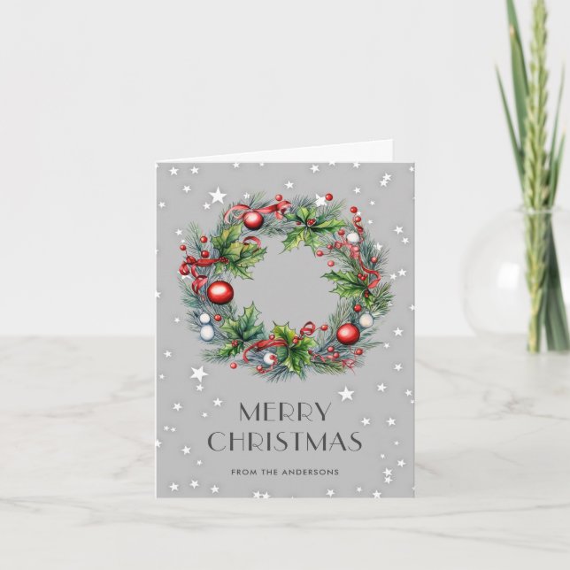 Watercolor Wreath Holly Berries Frohe Weihnachten (Vorderseite)