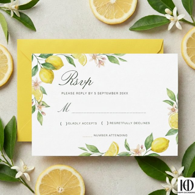 Watercolor Wreath Mediterranean Citrus Wedding RSVP Karte (Von Creator hochgeladen)