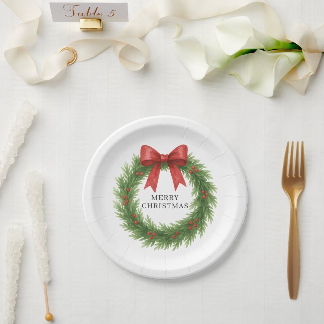 Watercolor Wreath Moderne Weihnachten Pappteller (Hochzeit)