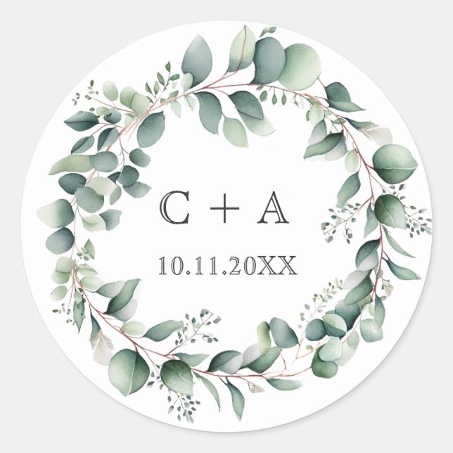 Watercolor Wreath Monogram Round Wedding Sticker (Vorderseite)