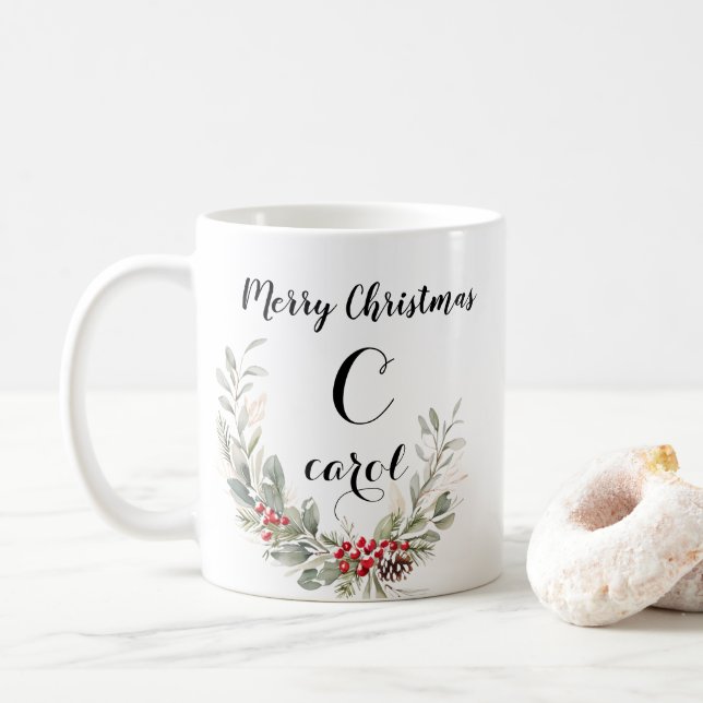 Watercolor Wreath Monogram und Skript Weihnachten Kaffeetasse (Mit Donut)