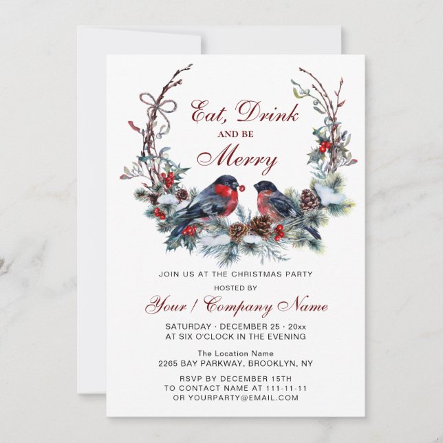 Watercolor Wreath & Red Birds Weihnachts-Party Einladung (Vorderseite)