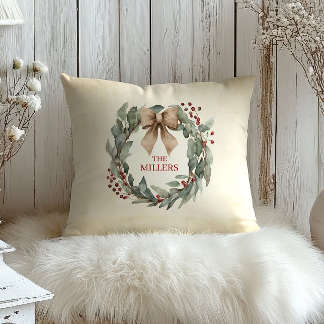 Watercolor Wreath Weihnachten Kissen (Watercolor Eucalyptus Christmas Wreath Custom Pillow)