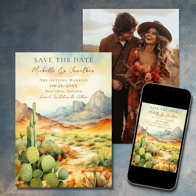 Watercolor Wüste Cactus Foto Wedding Save The Date (Printed and Digital - Watercolor Southwestern Desert Photo Wedding Save The Date)