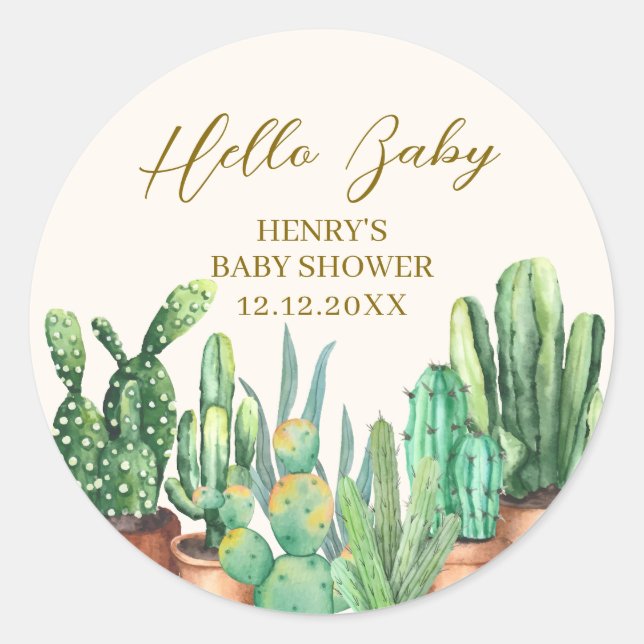 Watercolor Wüste Cactus Garden Baby Shower Runder Aufkleber (Vorderseite)