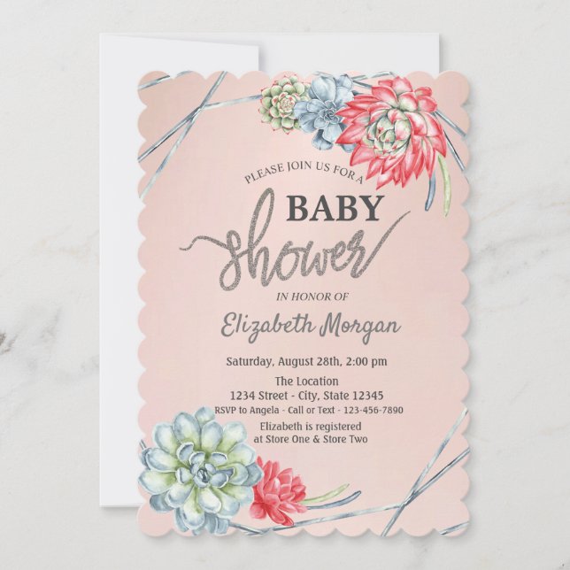 Watercolor Wüste Red Succulents Babydusche Einladung (Vorderseite)