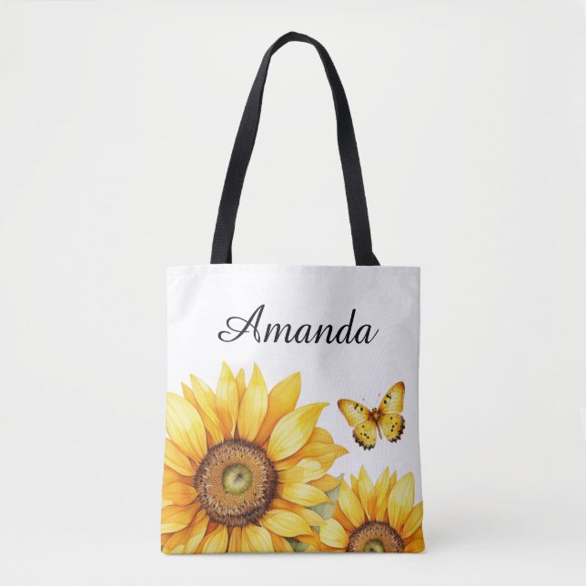 Watercolor Yellow Custom Script Name Sunflower Tasche (Vorderseite)