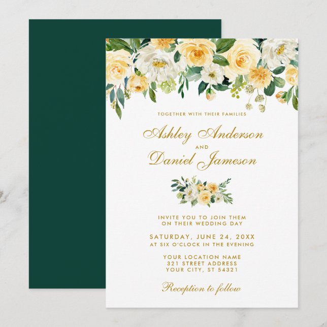 Watercolor Yellow Gold Hunter Green Wedding Einladung (Vorne/Hinten)