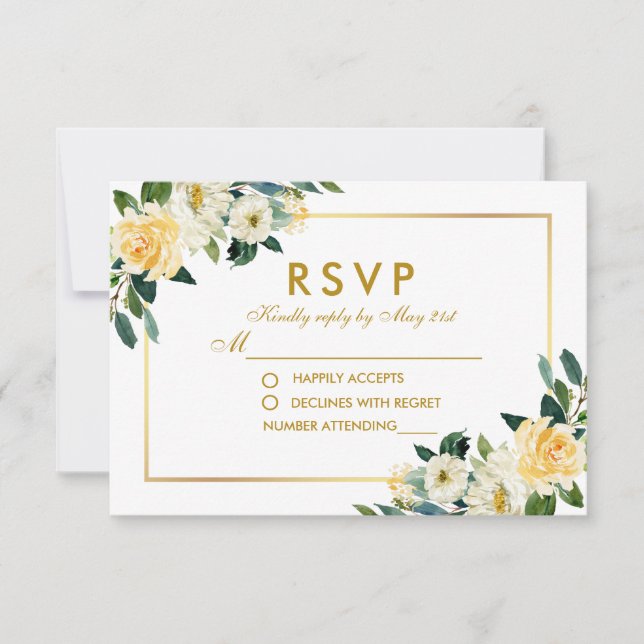 Watercolor Yellow Gold White Floral Wedding RSVP (Vorderseite)