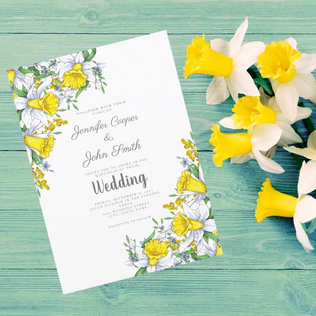 Watercolor Yellow Gray Daffodil Spring Wedding Einladung (Von Creator hochgeladen)