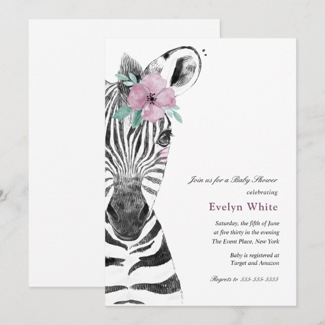 Watercolor Zebra | Einladung zur Babydusche (Vorne/Hinten)