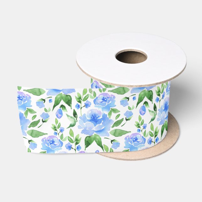 Watercolorblau-Blumen Satinband (Spule)