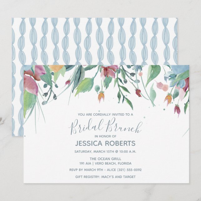 Watercolorblaues Brautbrunch-mit BlumenParty Einladung (Vorne/Hinten)